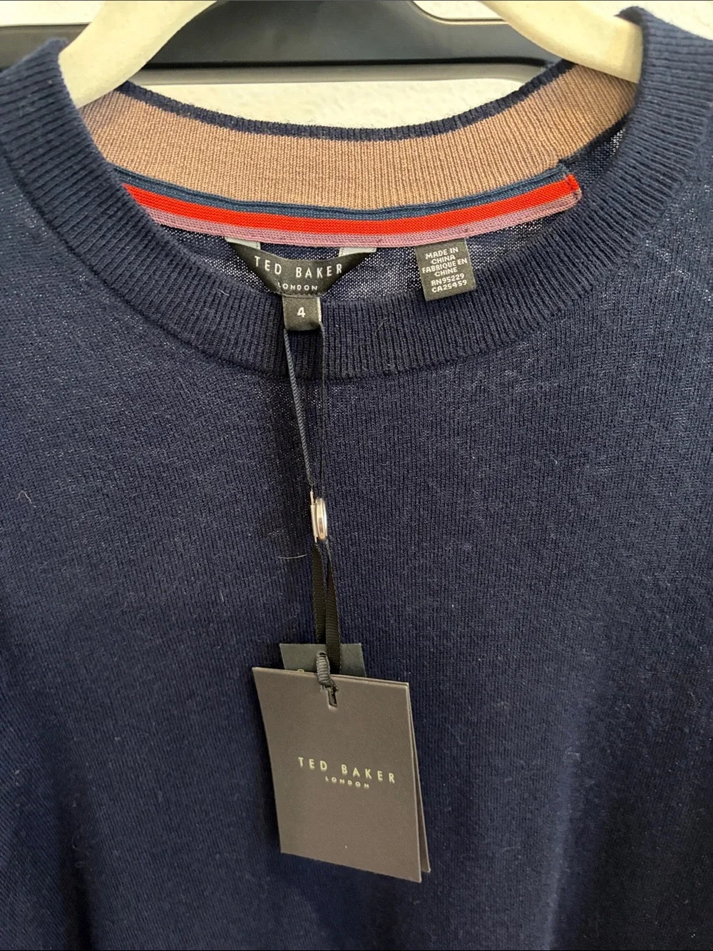 Ted Baker Navy Crewneck Sweater with Gray, Olive and Blush Stripes